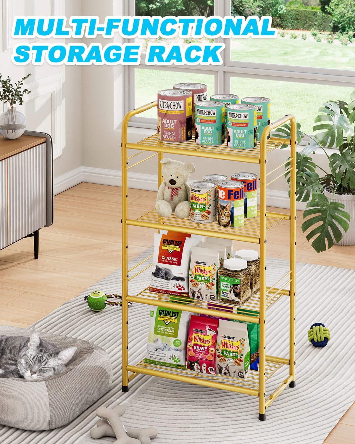 4 Tier Wire Shelving Storage Rack Outdoor Indoor Waterproof, Stackable Heavy Duty Steel 17.7-Inch Bathroom Shelf Organizer, Perfect for Kitchen Pantry Closet, Gold