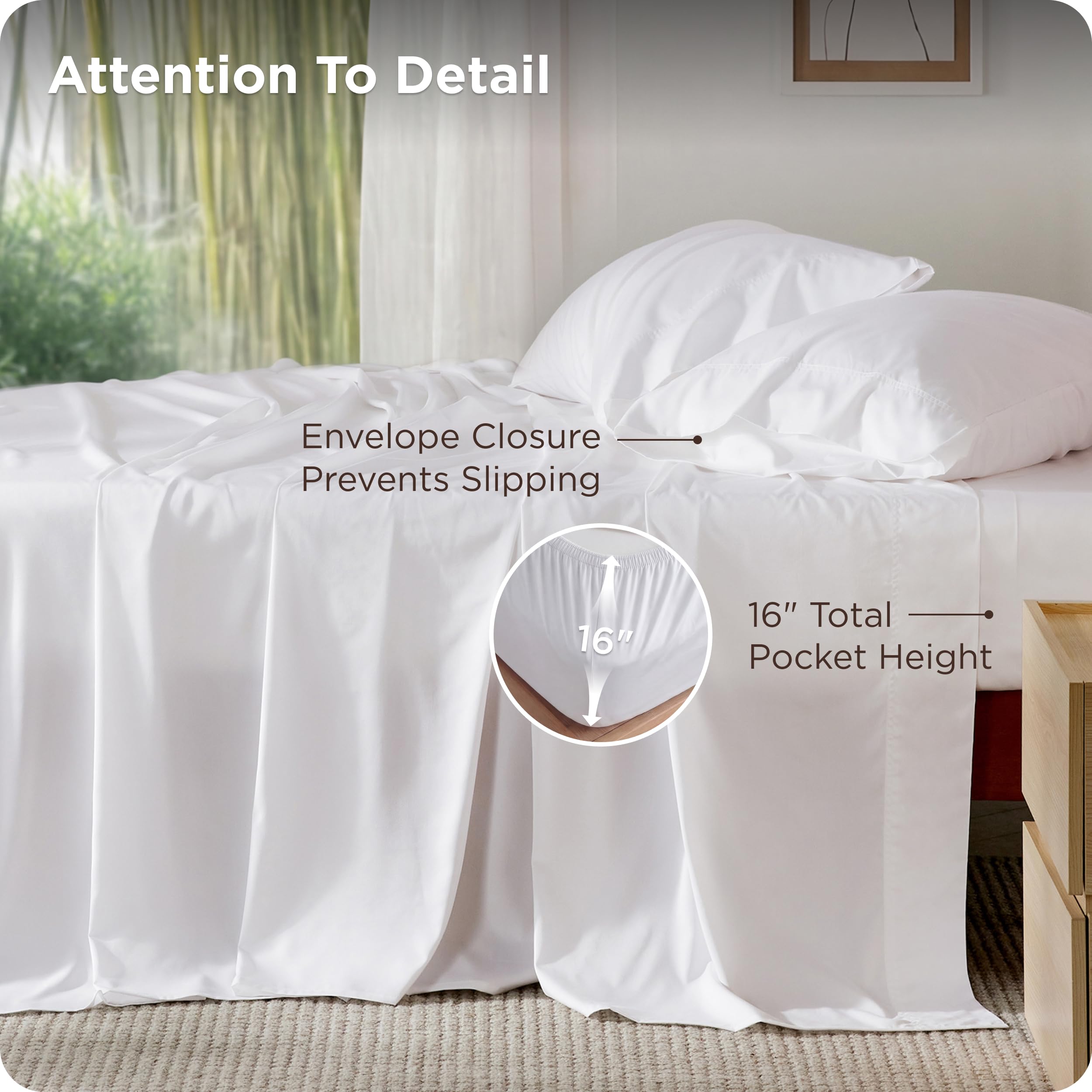 Bedsure Queen Sheet Set, Cooling Sheets for Queen Size Bed Set, Rayon Derived from Bamboo, PureWoven, Breathable & Soft, Deep Pocket Up to 16 Inches, Hotel Luxury Silky Bedding for Hot Sleepers, White - 3