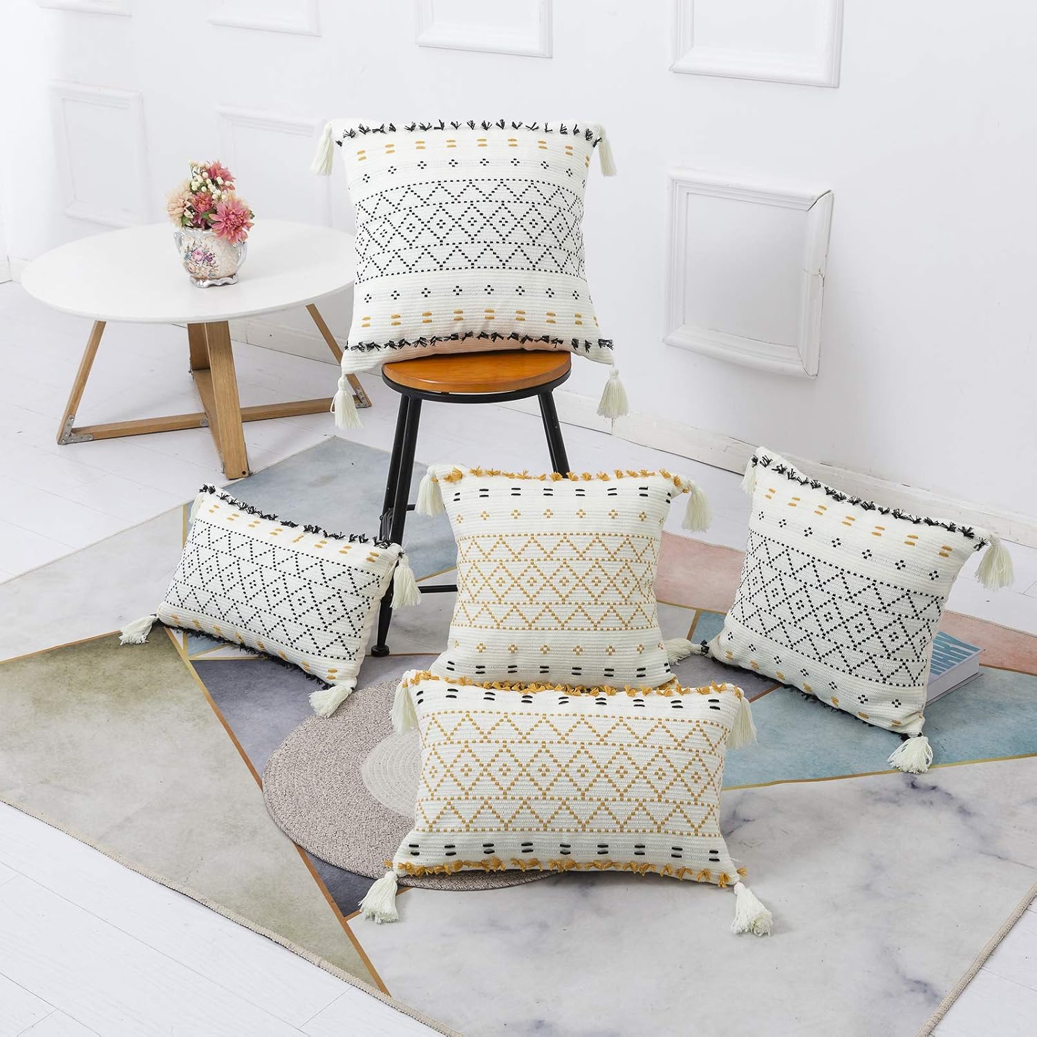 PANOD Pack of 2 Knitted Boho Throw Pillow Covers,Neutral Cotton Hand-Woven Tufted Decorative Tassel Hug Square Pillowcase for Couch Sofa Bedroom Living Room Farmhouse,18x18 inch Yellow