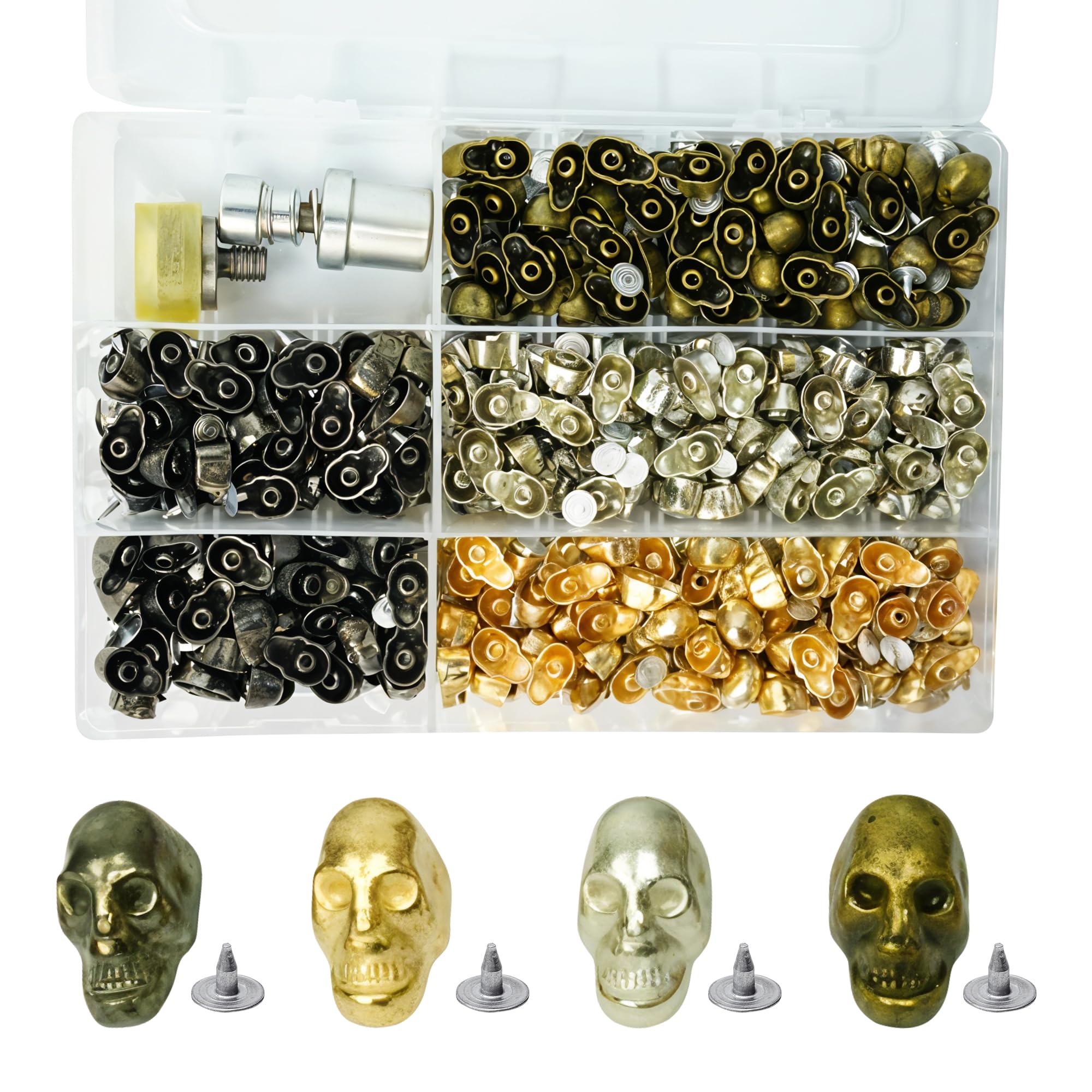 Trimming Shop Kit de pernos de cabeza de calavera de 9 mm x 15 mm con juego de troqueles para máquina verde, 400 remaches de metal para manualidades en cuero, chaquetas, mezclilla, ropa gótica, bolsos