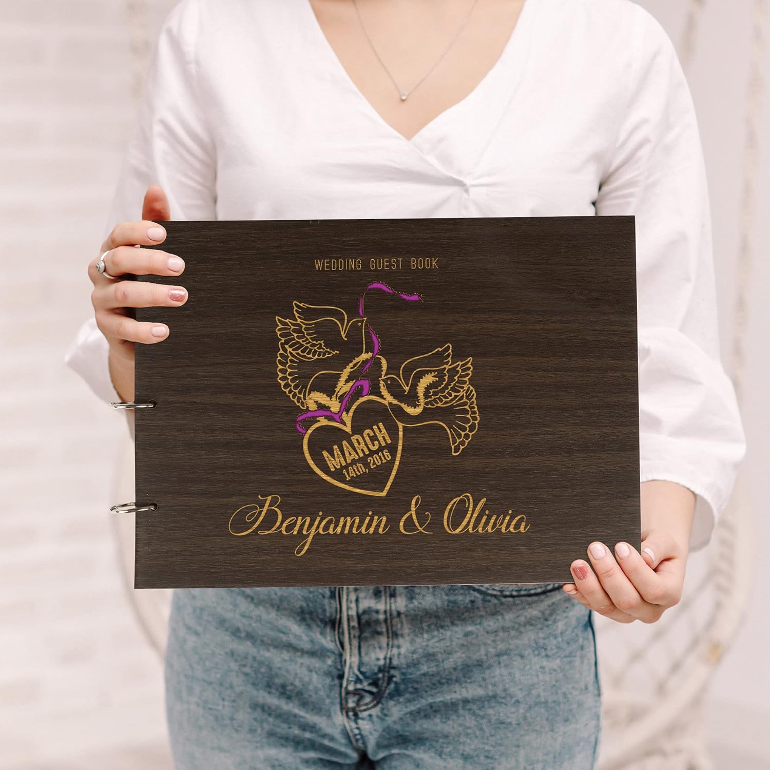 Darling Souvenir Personalized Engraved Laser Cut Wedding Guest Book Wooden Cover Sign-in Book Registry Guestbook Scrapbook-2N