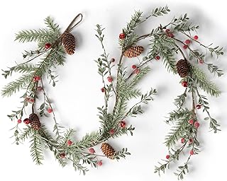 LOHASBEE Artificial Christmas Garland, 5 Feet Pine Cone Boxwood Garland with Red Berries, Bells Glitter for Christmas Indo...