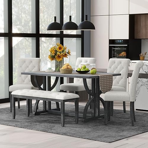 Merax Dining Table Set, 6-Piece Retro Rectangular Dining Room Set, Table with Unique Legs and 4 Upholstered Chairs & 1 Bench, Gray Wash