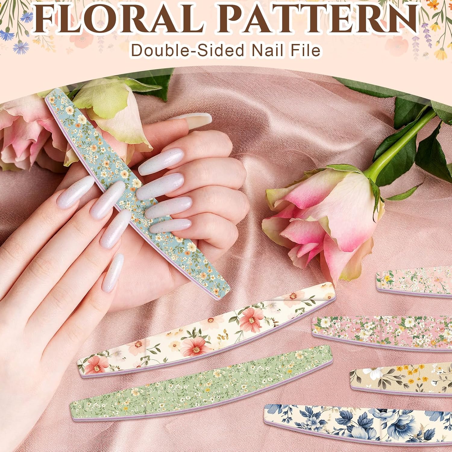 50 Pack Floral Nail Files for Women, 100/180 Grit Emery Boards