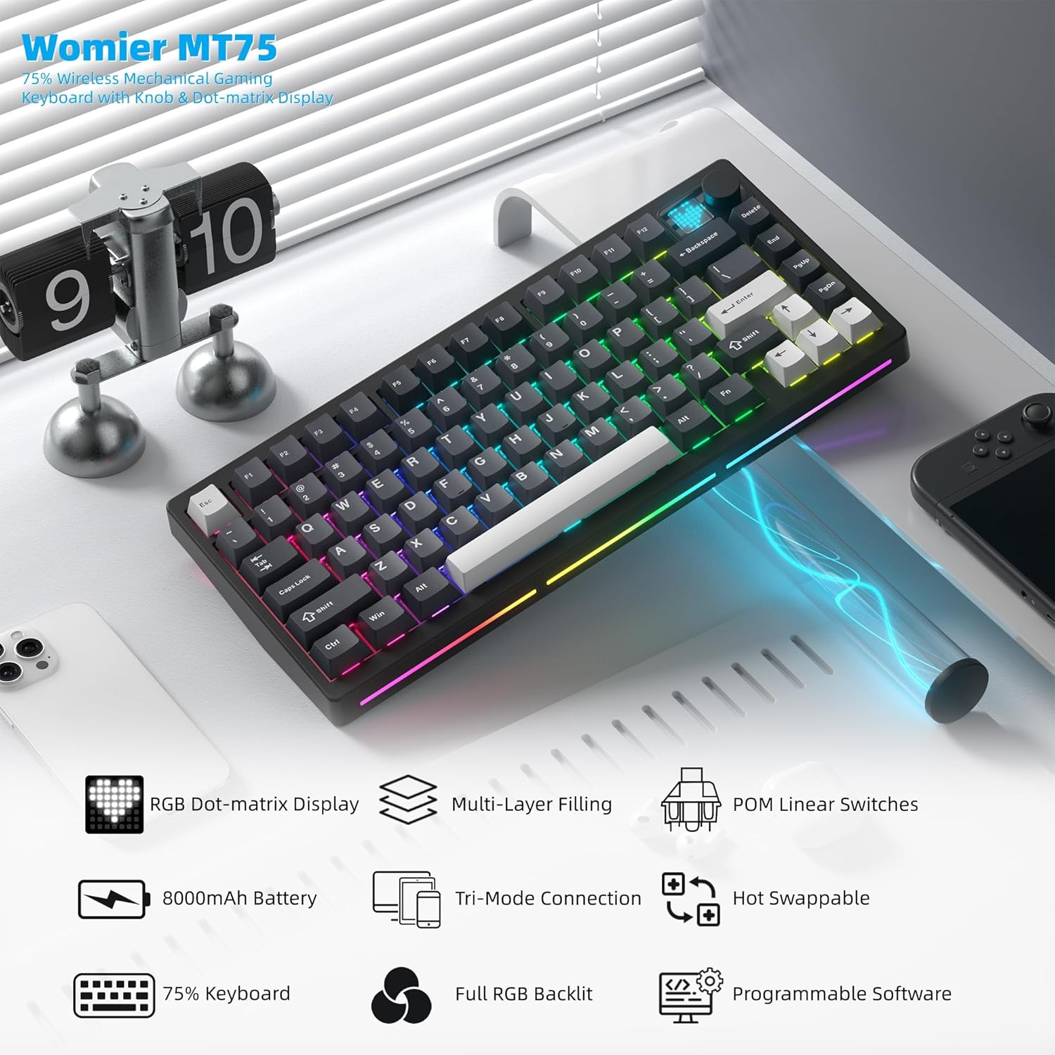Womier 75% Wireless Mechanical Gaming Keyboard with Knob & Display, Bluetooth 5.0/2.4GHz/USB C Thocky Creamy Keyboard for PC Computer, 8000mAh Battery Hot Swappable Key Board for Win/Mac (MT75-Grey) - Image 2