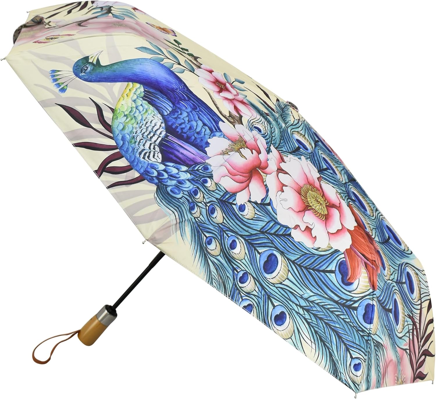 Anuschka Women's Original Printed Artwork Umbrella Auto Open/Close with UPF 50+ Sun Protection - Pretty Peacocks