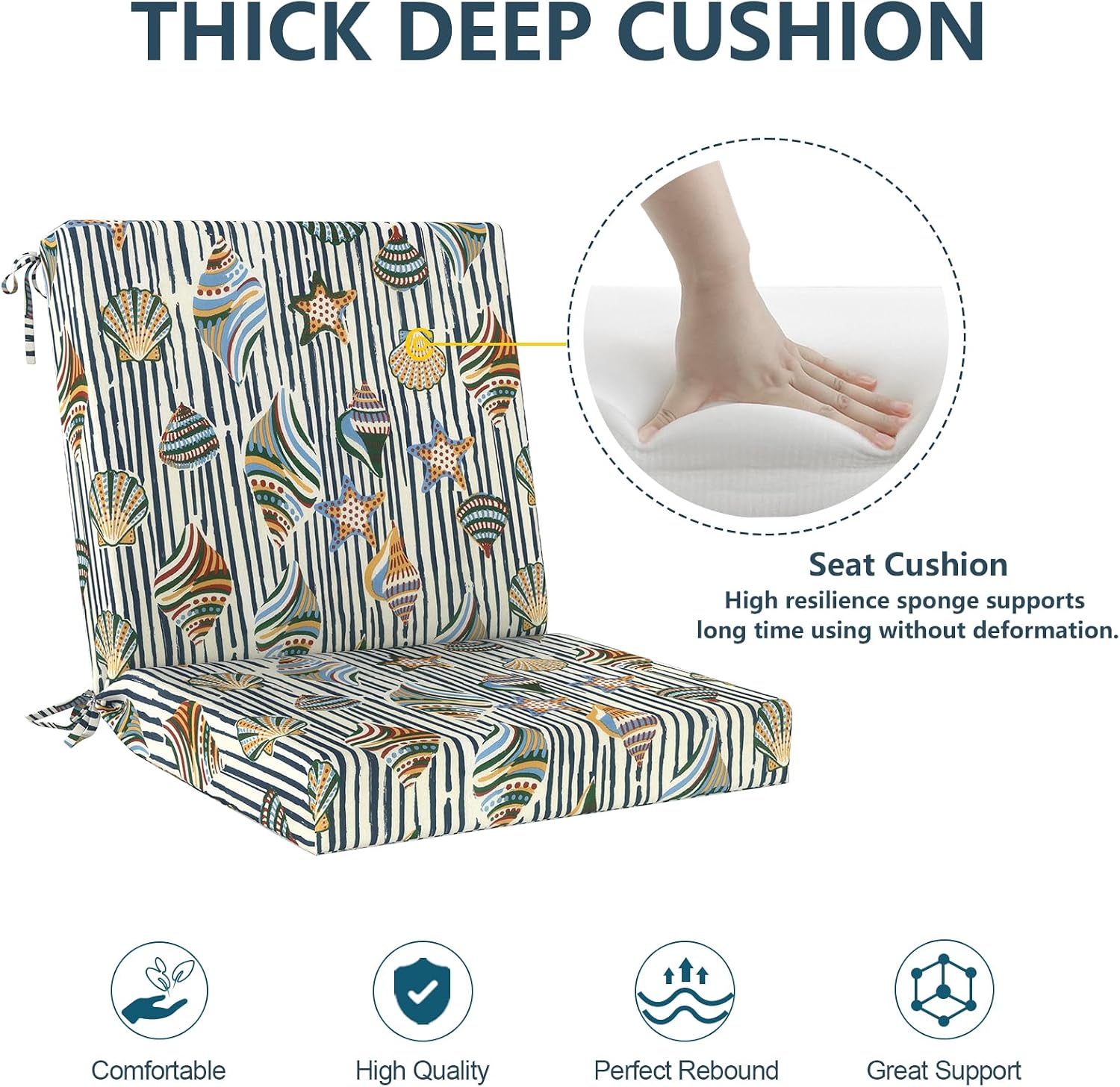 DYTXIII Outdoor Midback Chair Cushions Set of 2-20"x17" Water Repellent & Fade-Resistant Patio Seat Cushions with High-Resiliency Foam, Non-Slip Ties for Dining, Balcony Furniture-Crayon Shells image 5