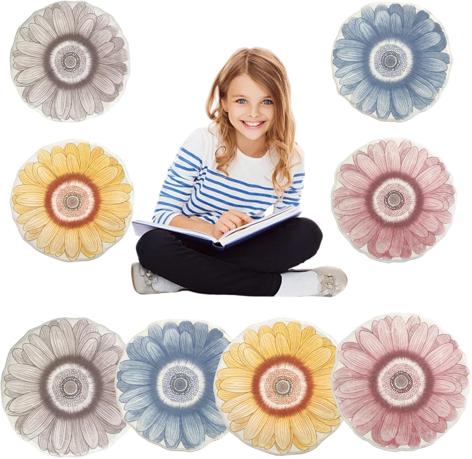 USTIDE 8Pc Round Kids Rug 16" Flower Shaped Kids Rug Seat Spots for Classroom Sitting Floor Seats for Kids Mats Pre-School Classroom Spots Marker for Classroom Kindergarden Playroom