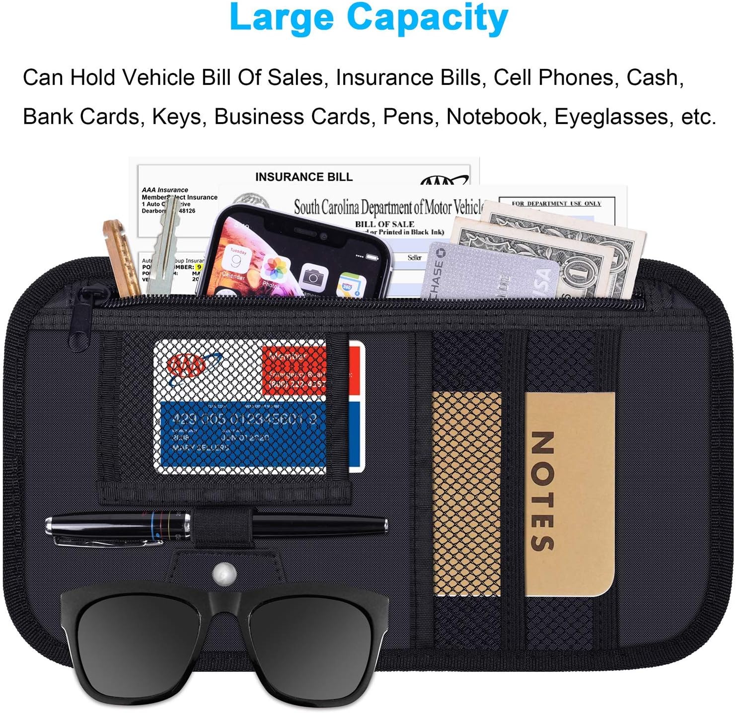 Car Sun Visor Organizer, Wisdompro Vehicle Auto Interior Accessories Storage Pouch Car Registration Holder with Elastic Strap for Sunglass, Documents, Cards, Pen, Drivers License, etc. (Black)