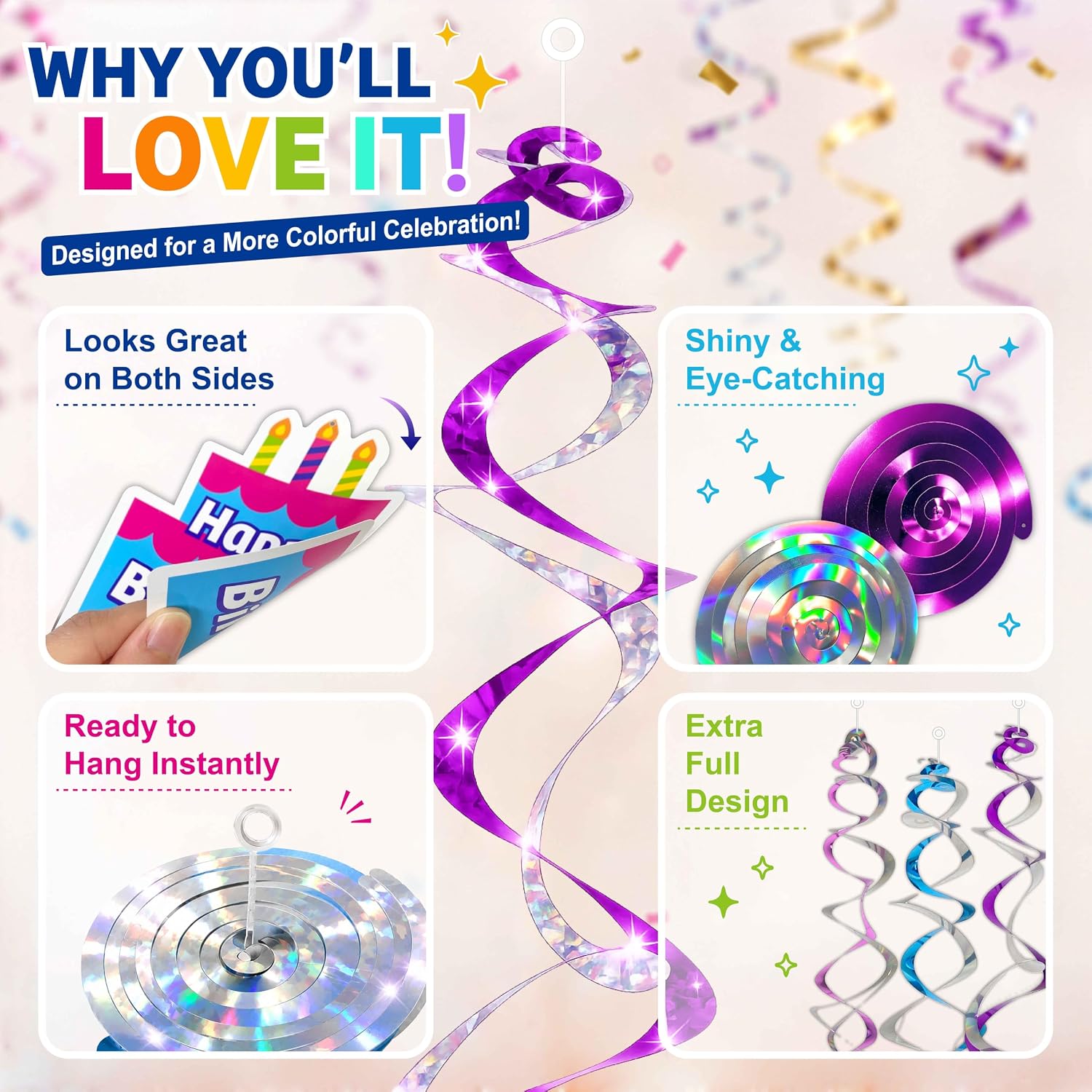 HonuGoGo Happy Birthday Decorations, 18 Pc Double Hanging Swirls with Signs | Colorful Birthday Streamers for Ceiling, Doorway, Tree & Office Party Decor - Swirl Decorations for Kids & Adults