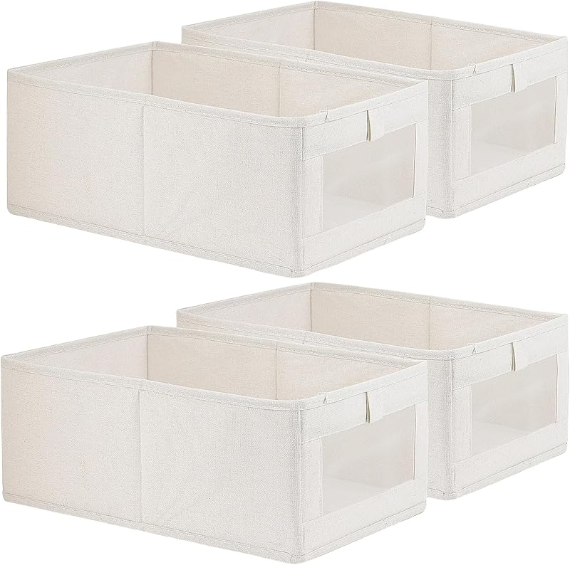 Fordonral 4 Pack Linen Storage Bins, Storage Containers for Organizing Clothing, Jeans, Toys, Books, Shelves, Closet, Wardrobe - Closet Organizers and Storage, Large Storage Boxes Baskets with Window