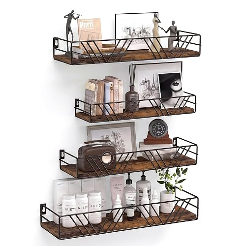 Floating Shelves for Wall, 4 Sets Rustic Shelf with Metal