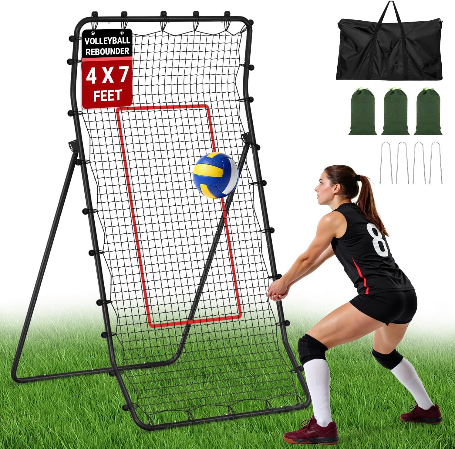 7x4 Ft Volleyball Rebounder Net, Angle Adjustable Volleyball Net Portable Practice Net for Training