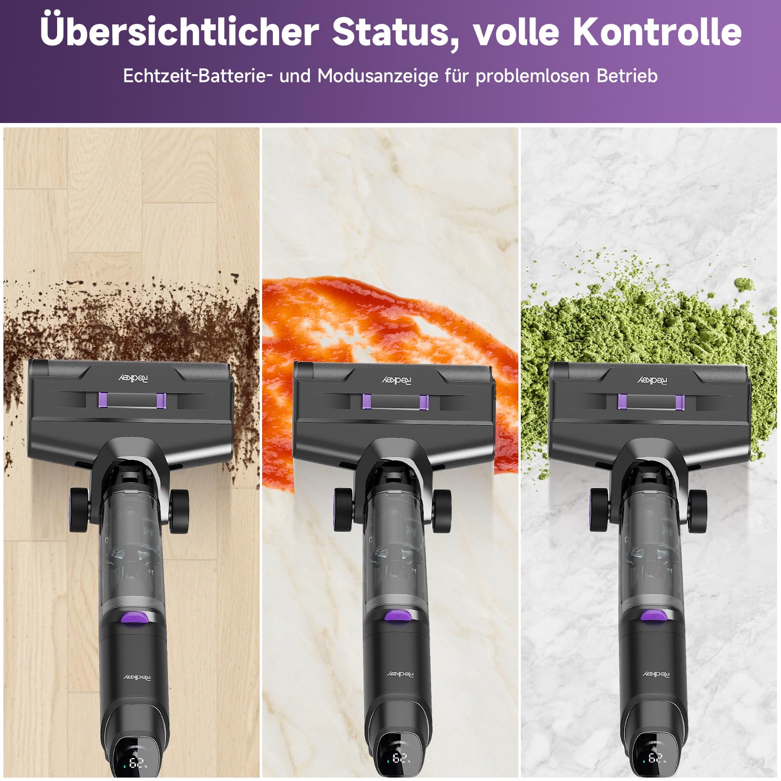W15 Wischsauger, 3-in-1 kabelloser intelligenter Staubsauger, 45 Min Autonomie, Selbstreinigend, 65dB, Kantenreinigung, Starke Saugleistung für trockene und nasse Schmutzstoffe