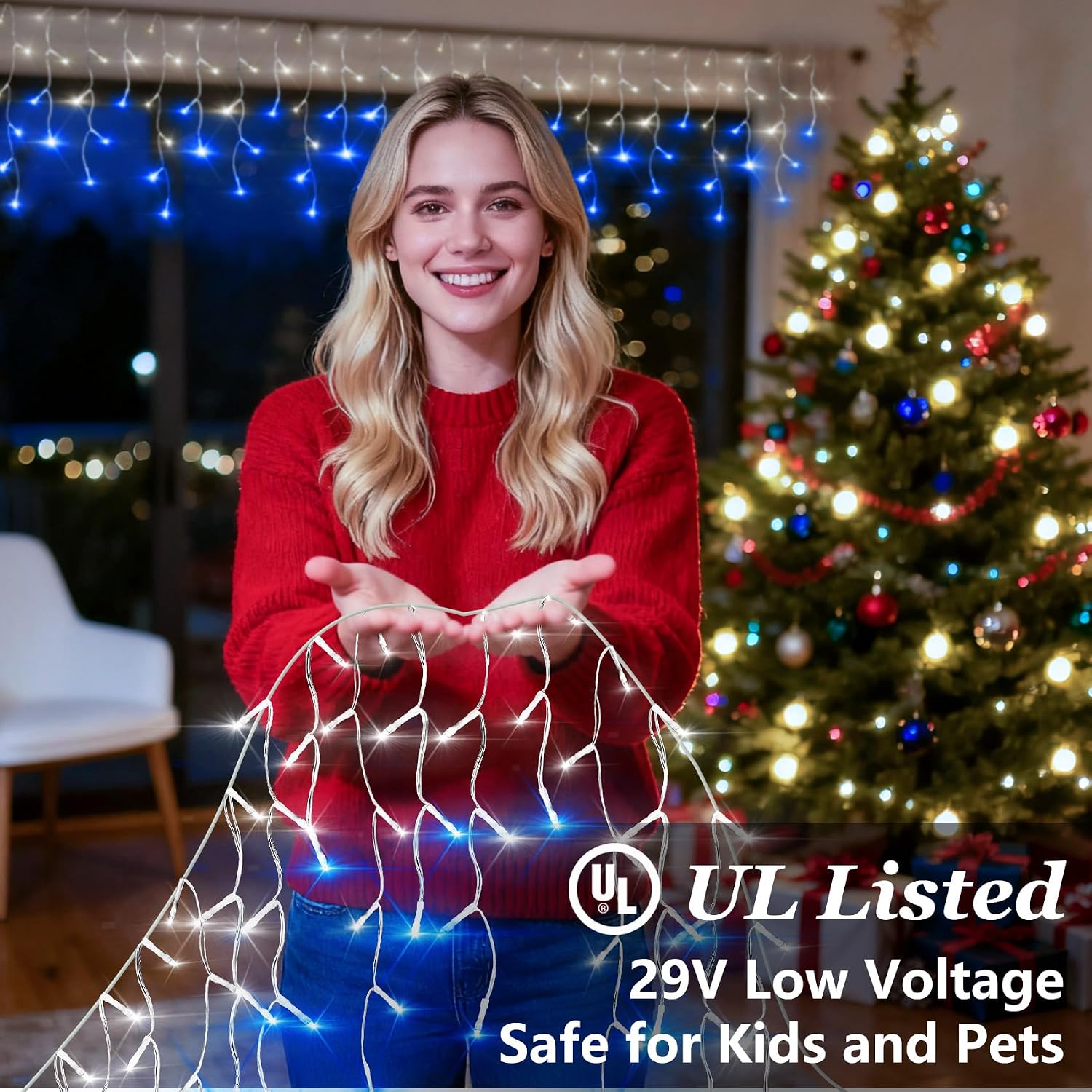 Icicle Christmas Lights Outdoor, 82FT 810 LED String Lights with 180 Drops, 12 Modes, Dimmable, Timer & Water Resistant, 29V Low Voltage Blue & White Decor for Home Holiday Wedding Party