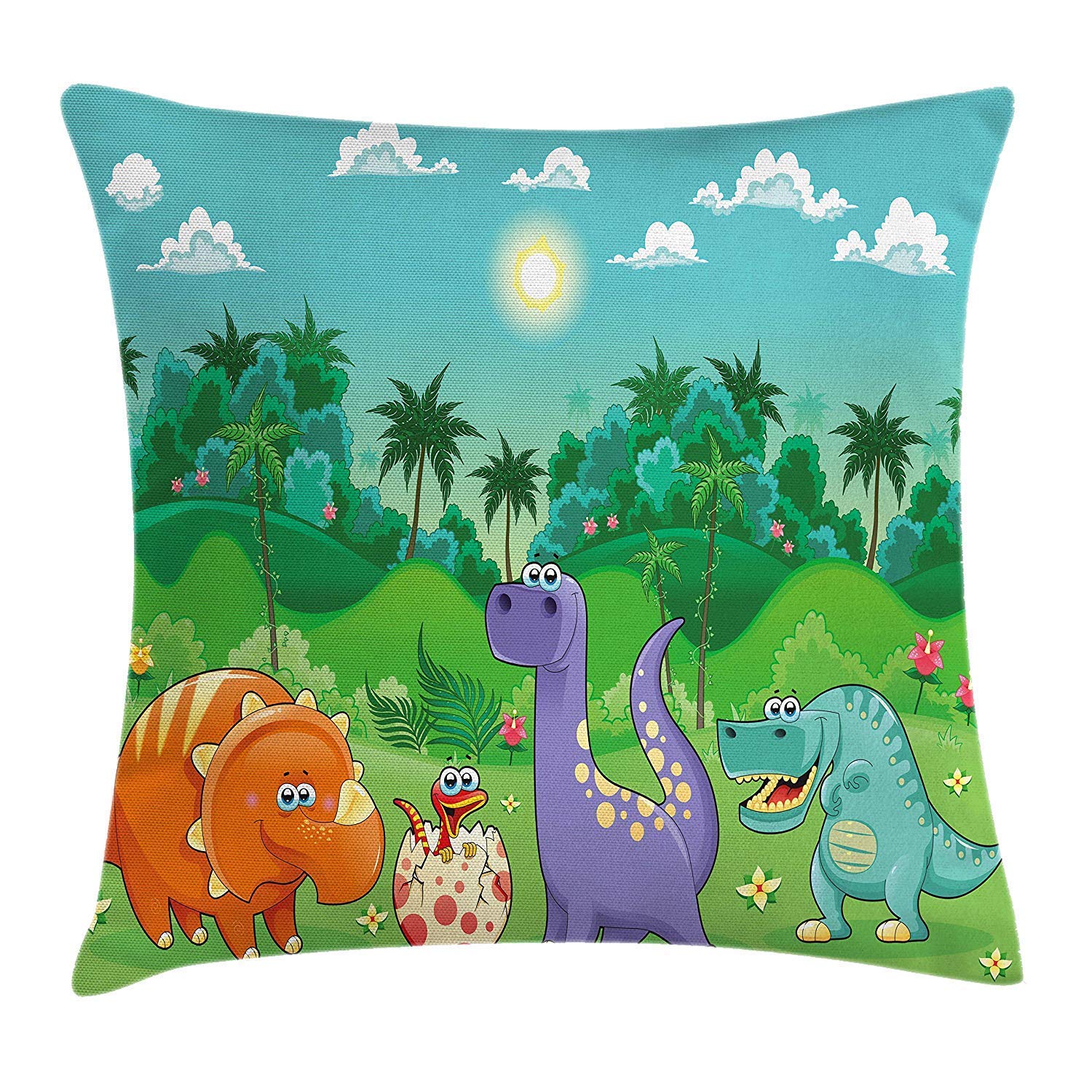 Funda De Cojin Almohada Divertidos Dinosaurios Y Selva Tropical Dibujos Animados Selva Verde Paisaje Tema Infantil Pillowcase 45x45cm Amazon Es Hogar