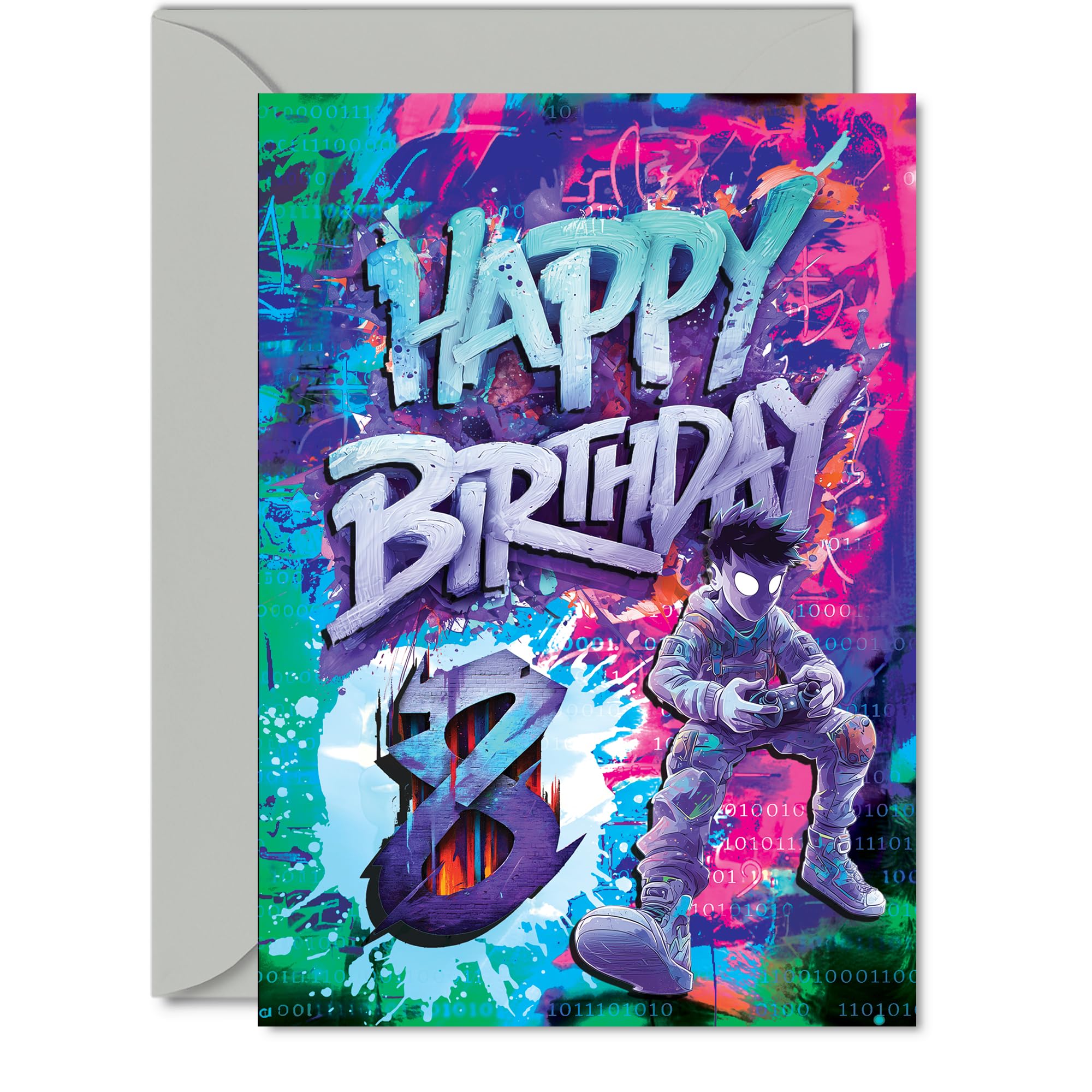 8th Birthday Cards for Boys Girls - Epic Gamer - Happy Birthday Card for 8 Year Old Boy Girl Daughter Nephew Cousin Grandson, 5x7 Inch Bday Greeting Cards