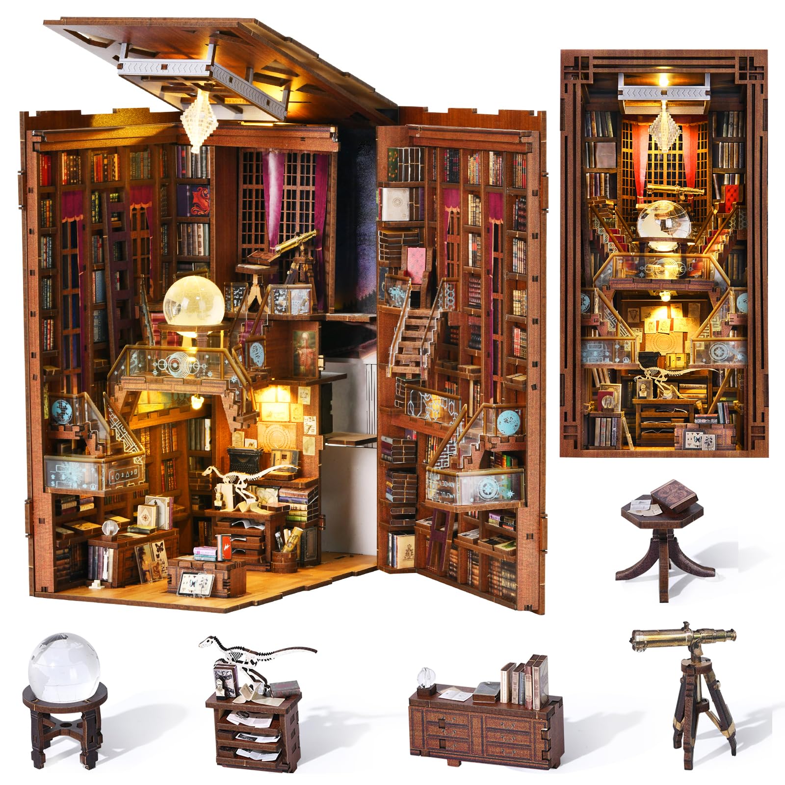 MiniCity Book Nook Kit, DIY Miniature Dollhouse Booknook Kit, 3D Wooden Puzzle Bookend Bookshelf Insert Decor with LED Light for Teens and Adults (Beyond Library)