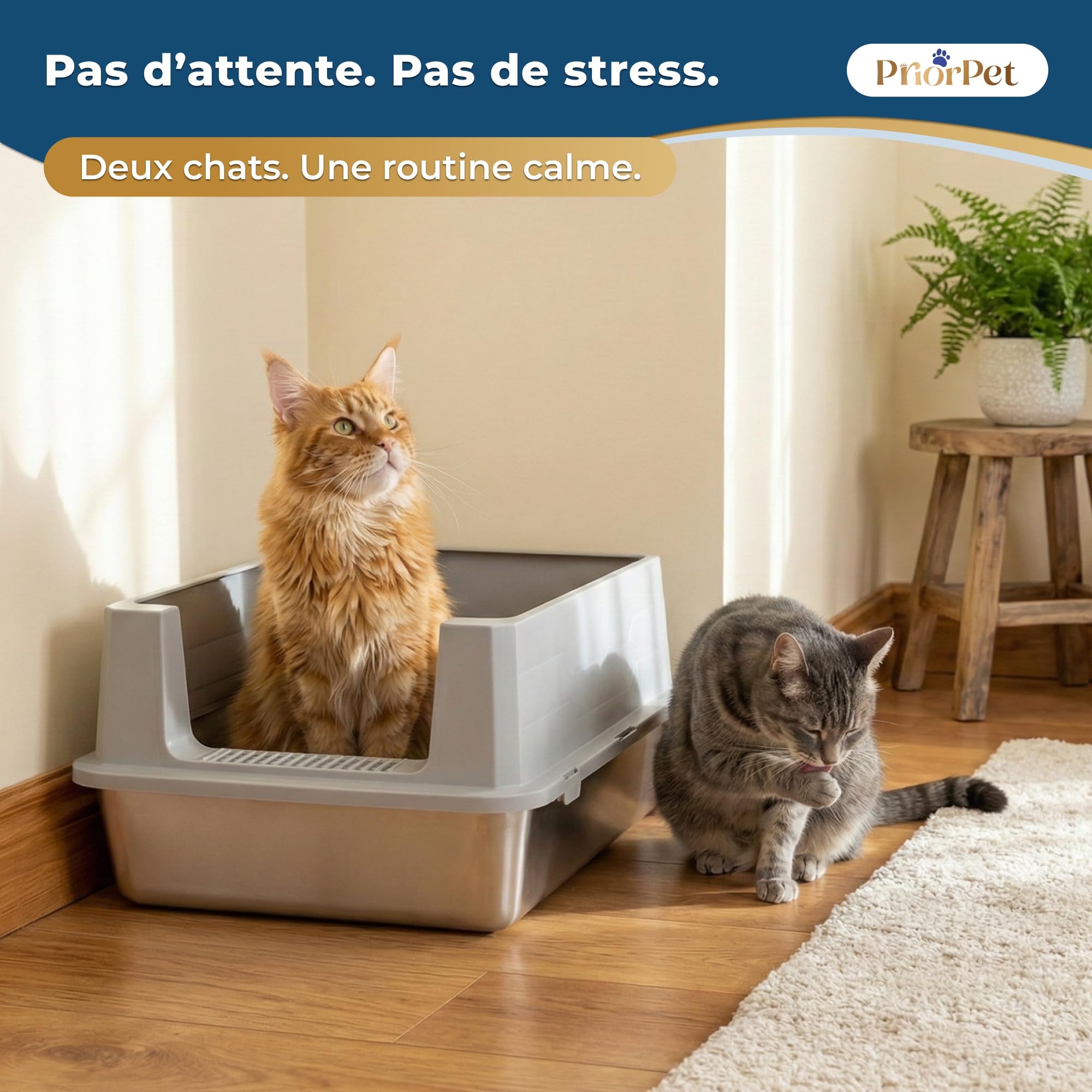 Bac litiere pour Chat INOX XXL Grand – Bac à litière pour Grands Chats & 2 Chats – Litiere Chat XXL Maine Coon – Grande litiere, Bord Haut, Anti-Fuite, Anti-Odeur – avec Pelle – 71×52×30 cm