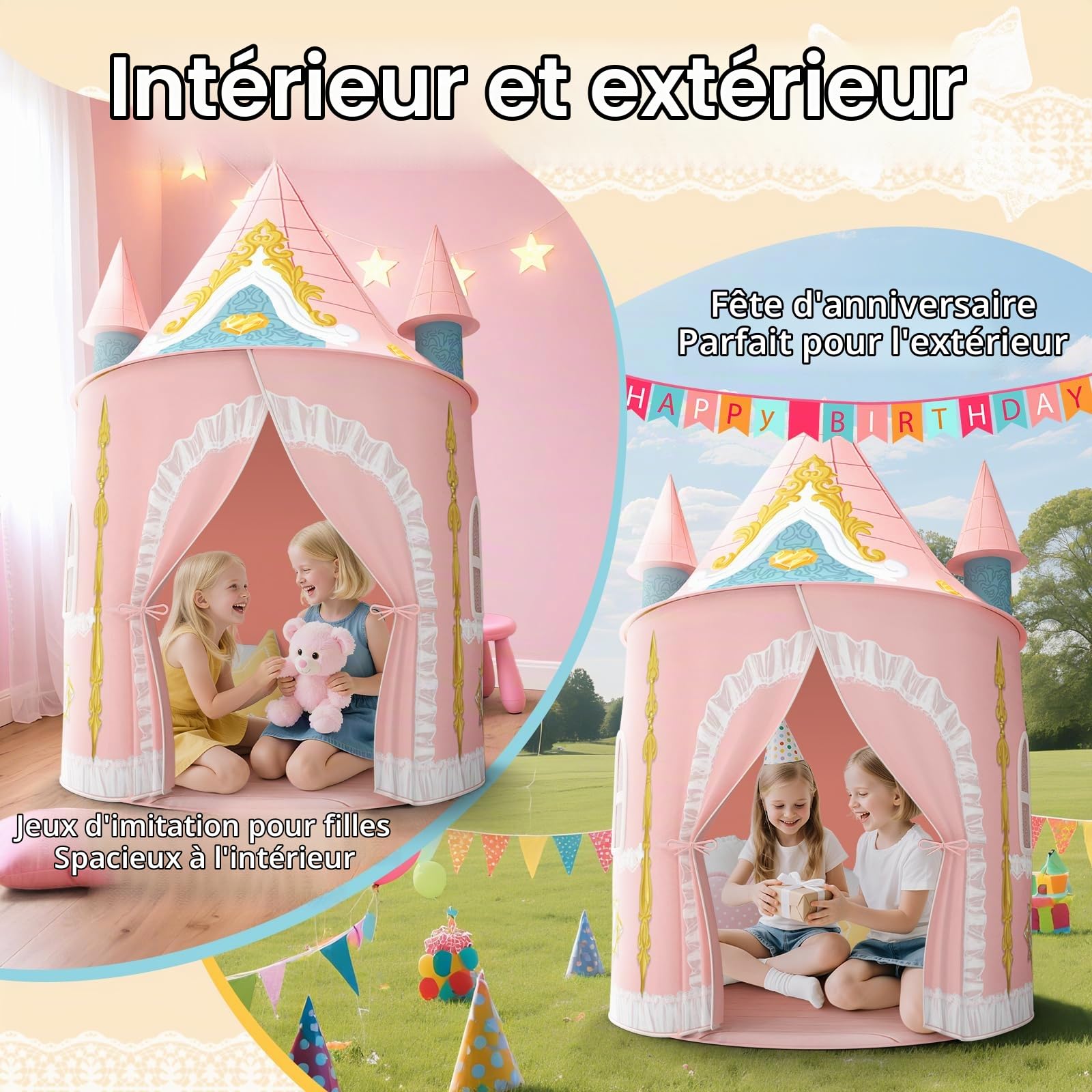 Skirfy Tente Princesse pour Filles, Grande Tente de Jeu Intérieure et Extérieure pour Enfants, Château de Princesse, Cabane de Jeu pour Filles et Garçons de 3 à 8 Ans