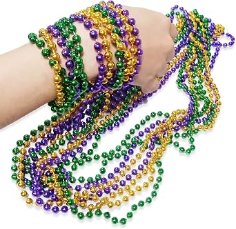 Mardi Gras Beads, 12PCS Metallic Bead Necklace Bulk, Beaded Necklace Costume Women Men Stuff, Festival Parade Throw Accessories for Wedding Birthday Celebrations