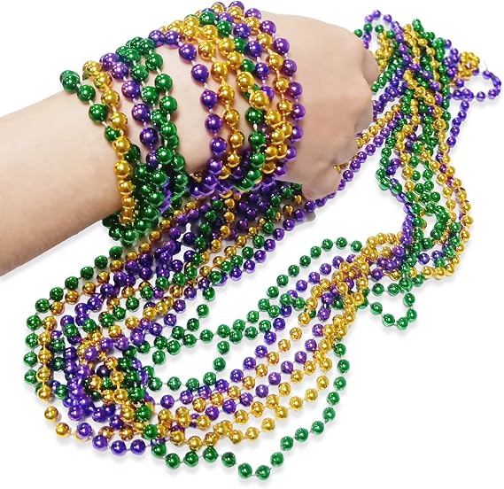 Mardi Gras Beads, 12PCS Metallic Bead Necklace Bulk, Beaded Necklace Costume Women Men Stuff, Festival Parade Throw Accessories for Wedding Birthday Celebrations