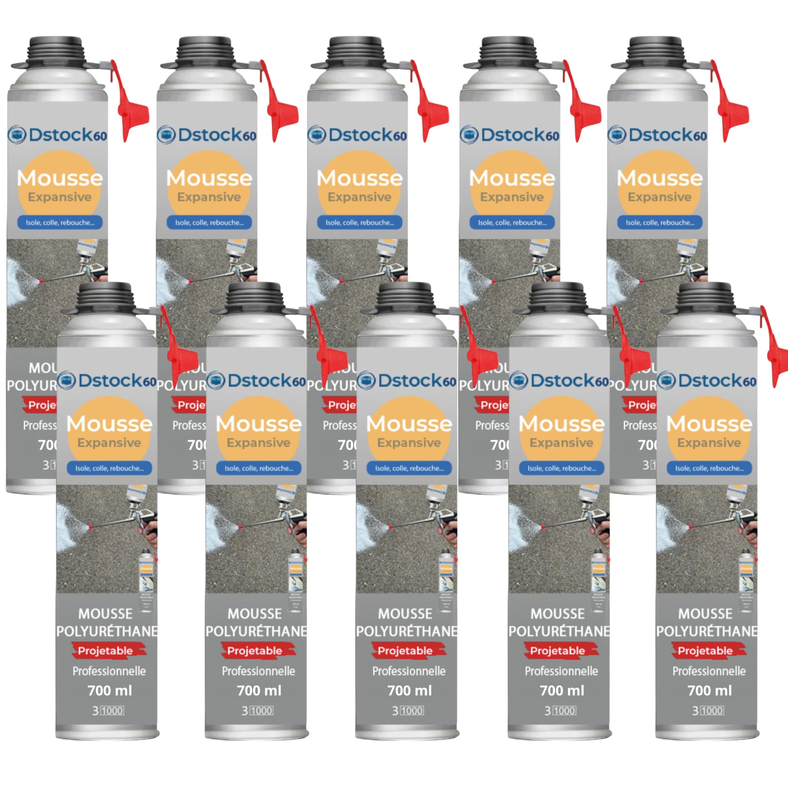 DSTOCK60 – Lot de 10 - mousse expansive polyuréthane projetable – 700 ml – avec applicateur - compatible multi-surfaces - application facile et rapide