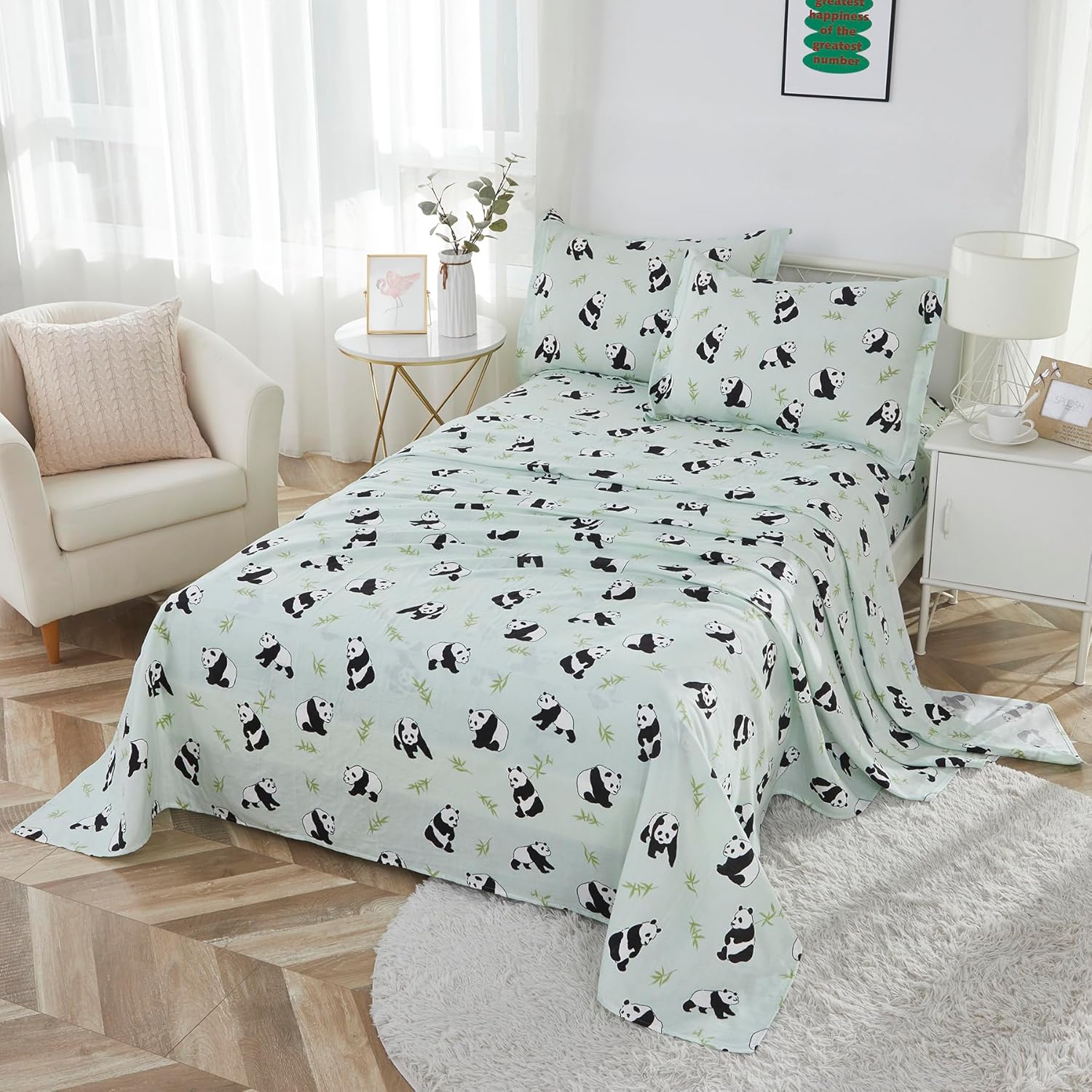 Brandream Bed Sheets Set King Size Bedding Girl Boys Cotton Gauze Sheet Pillowcase Set Summer Cooling 4 Pieces Soft and Breathable,Panda Print, Green Men Women Bedroom Set