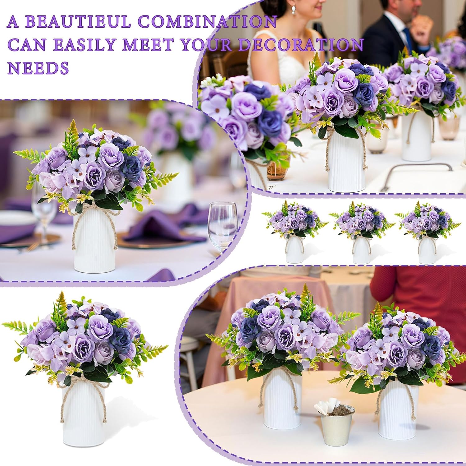Dining Table Centerpiece Sets 3 Artificial Rose Bouquet with Vase - Farmhouse 6 Pcs Silk Flowers and 3 Pcs Metal Pot Small Faux Floral Arrangements for Wedding Party Home Kitchen Bathroom Décor, Lilac