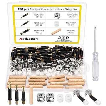 130Pcs Furniture Connectors Kit, Furniture Hardware Fixing Screws Set, Cam Lock  15mm, M6x40mm Fitting Dowels with Pre-Inserted Nuts Dowel Bolts Nut Locking Cam for Cabinet Wardrobe Drawer
