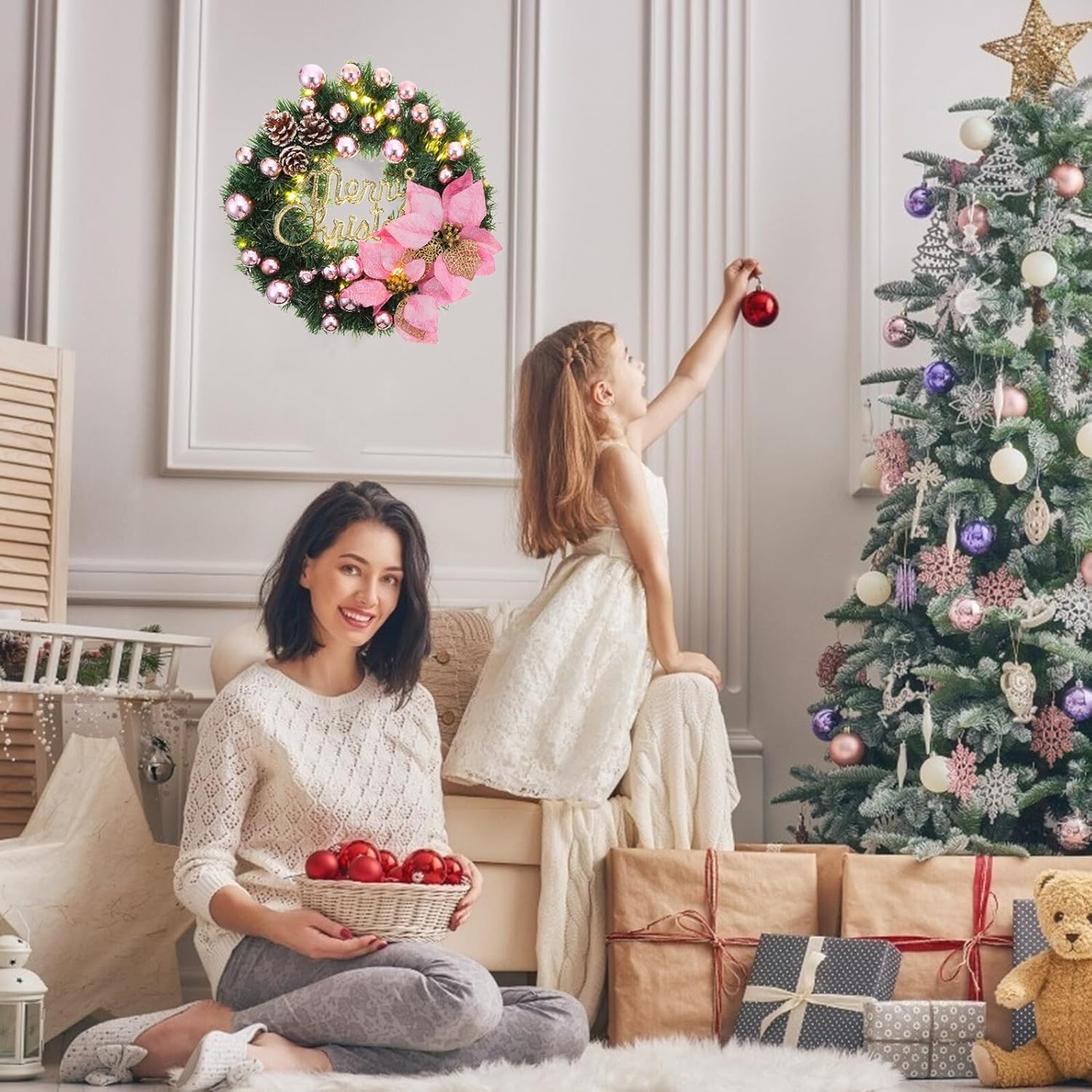 Realistic Artificial Pink Flower Wreath 40cm LED Battery Operated Garland Decorative Hanging for Christmas Bedroom Party Décor