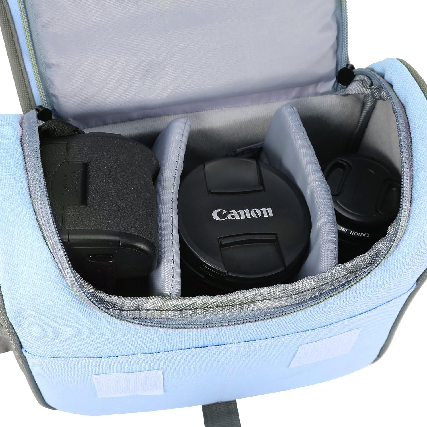 Interior of pangshi Camera Bag with adjustable dividers and camera gear