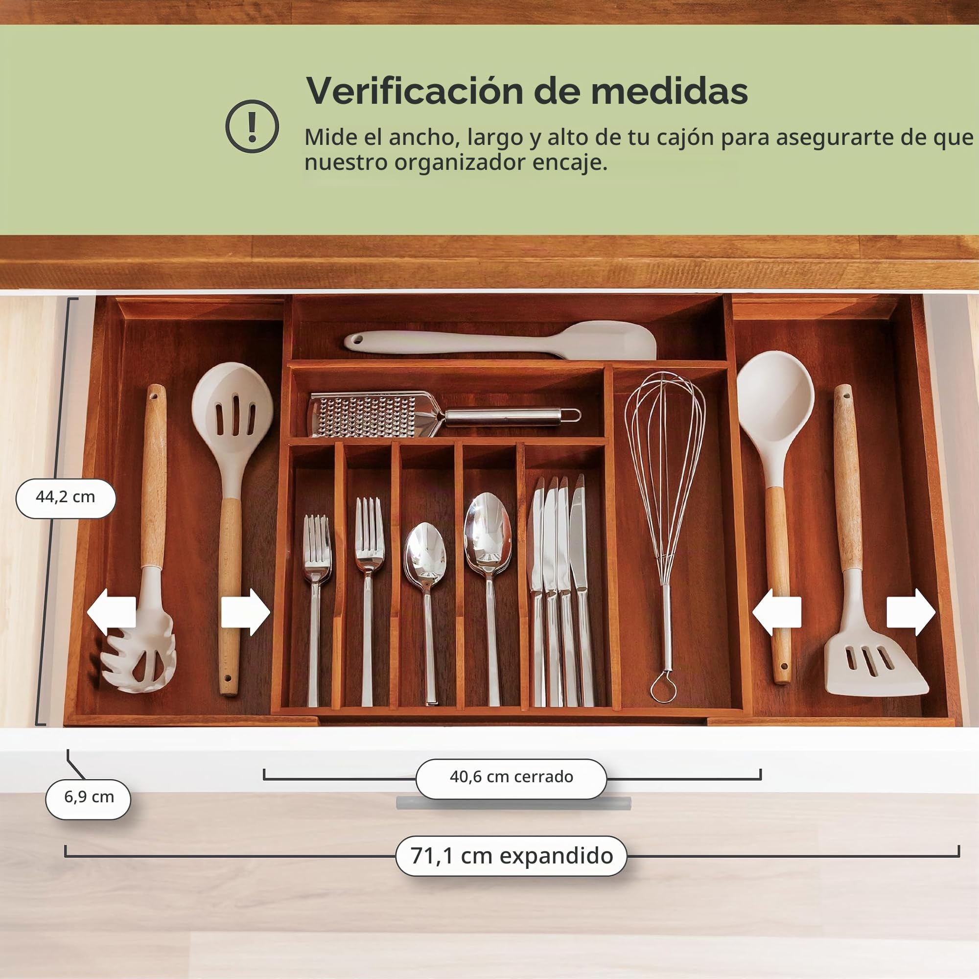 KitchenEdge Organizador de cubiertos y utensilios premium para cajones de cocina, ampliable a 71 cm de ancho, 10 compartimentos, 100% acacia