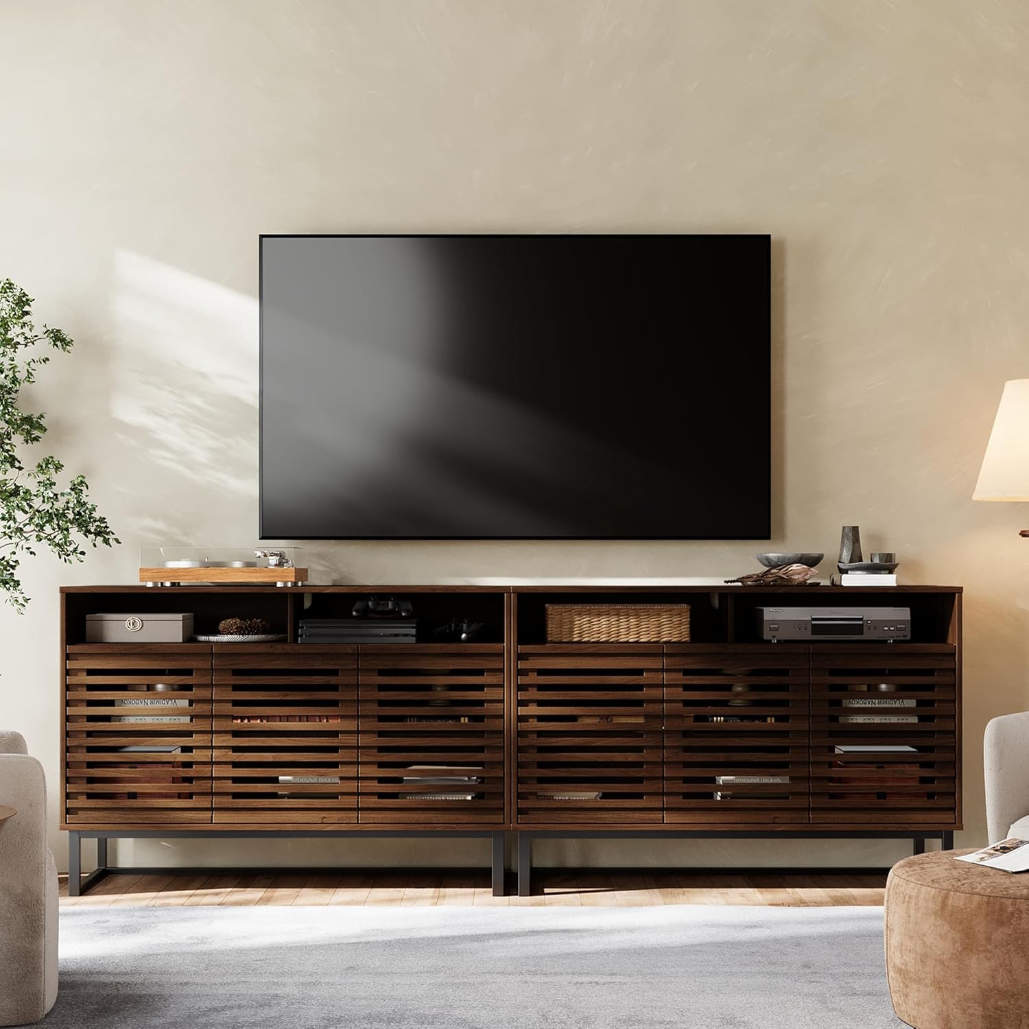 Tall TV Stand with Louvered Door and Adjustable Shelf for 55 inch Tvs Walnut Console with Ample Storage Modern Entertainment Center for Living Room or Bedroom