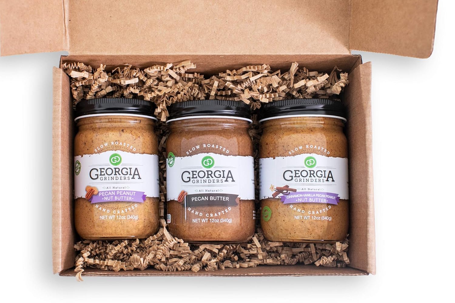 Georgia Grinders - Pecan Gift Box Trio!! - each gift box contains 1-12oz jar of each; Pecan Butter, Cinnamon Vanilla Pecan-Peanut Butter, Pecan-Peanut Butter