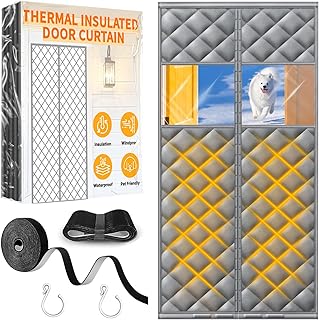 Upgraded Magnetic Thermal Insulated Door Curtain with Perspective Window, Weatherproof Oxford Cloth Filled with Cotton, Fit for Door Size 36" x 82", Doorway Curtains Size 38" x 84" Grey