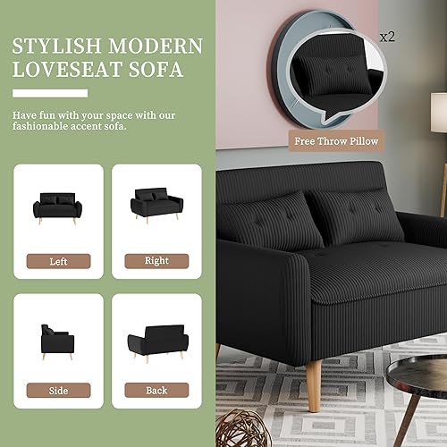 Miniatura 4 de Vongrasig Sofá biplaza pequeño y moderno de 48 pulgadas, tela de pana suave de mediados de siglo, sofá de 2 plazas con cojines traseros y patas