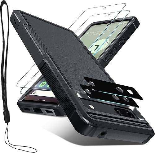 Janmitta Funda para Google Pixel 6a con protector de pantalla, protector de lente de cámara + cordón, resistente a prueba de golpes, funda de