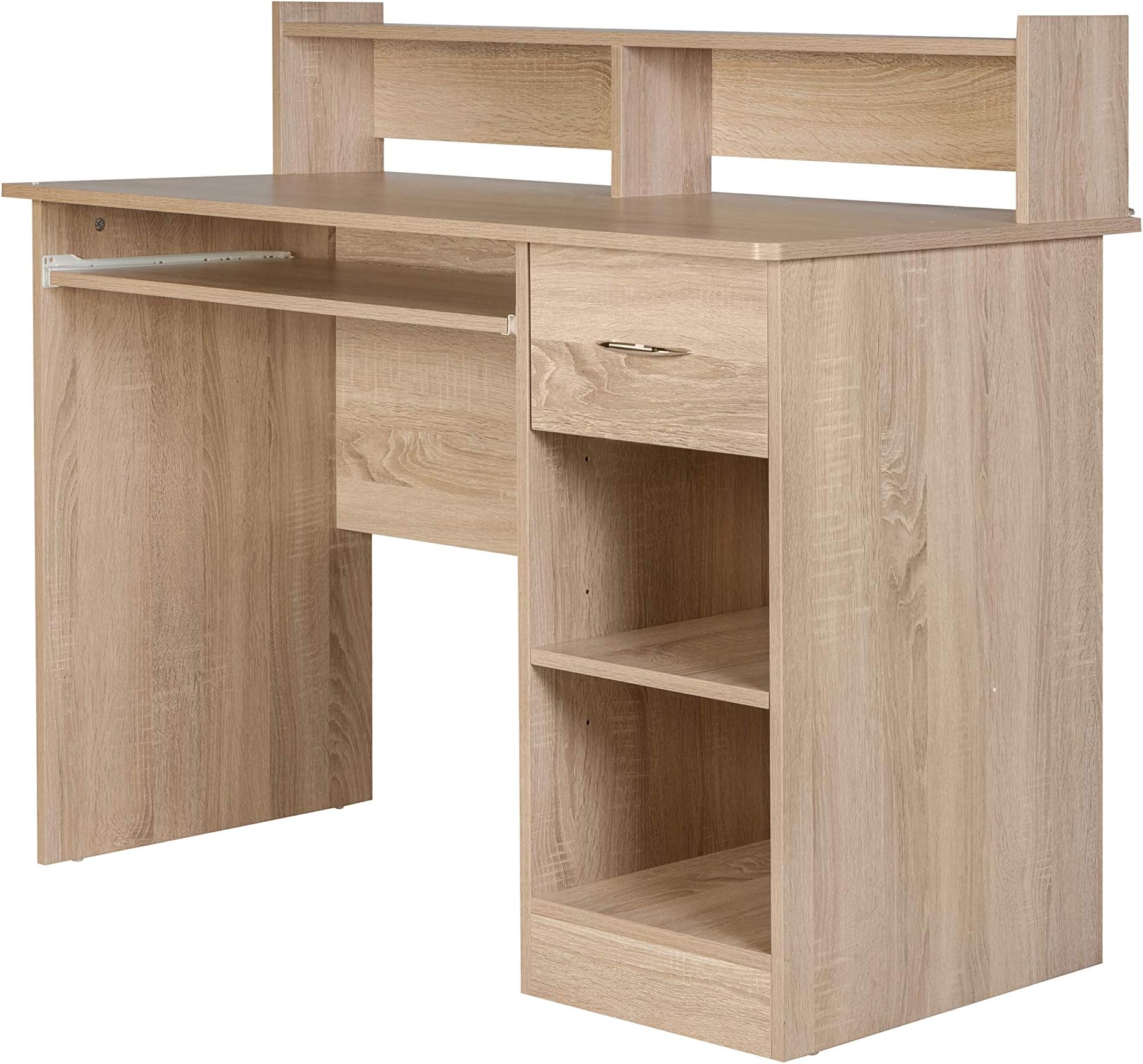 OneSpace Essential Computer Desk, Hutch with Pull-Out Keyboard, Light Oak