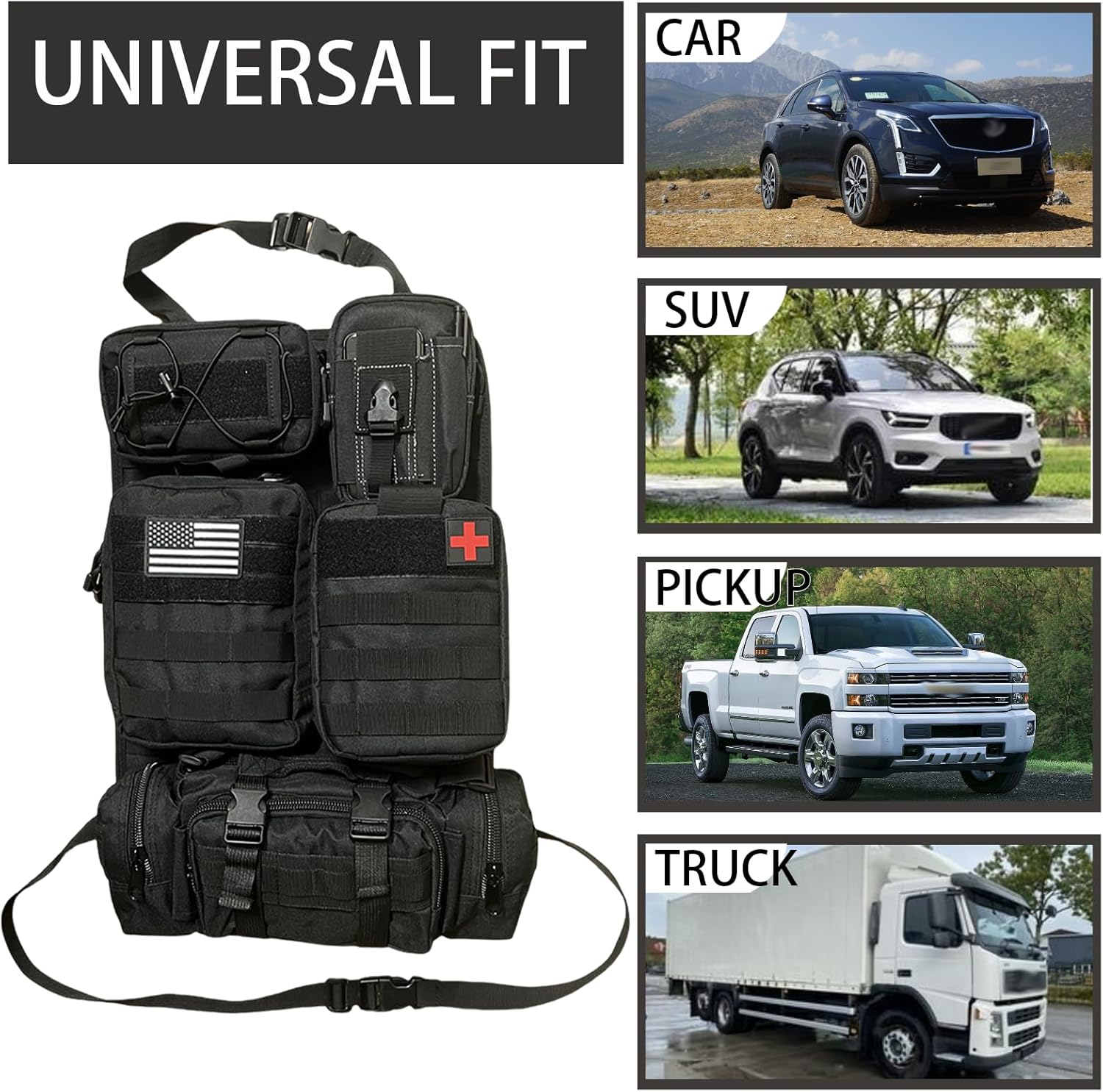 6 Pack Tactical Molle Car Seat Back Organizer Tactical Vehicle Panel with 5 Detachable Molle Pouch for Car Truck Ford Jeep Vehicle,US Patch Automotive Organizer For Man (5 Pouches)