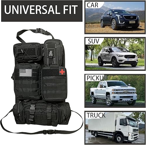 Miniatura 7 de Paquete de 6 organizadores tácticos Molle para respaldo de asiento de automóvil, panel táctico para vehículo con 5 bolsas Molle desmontables para