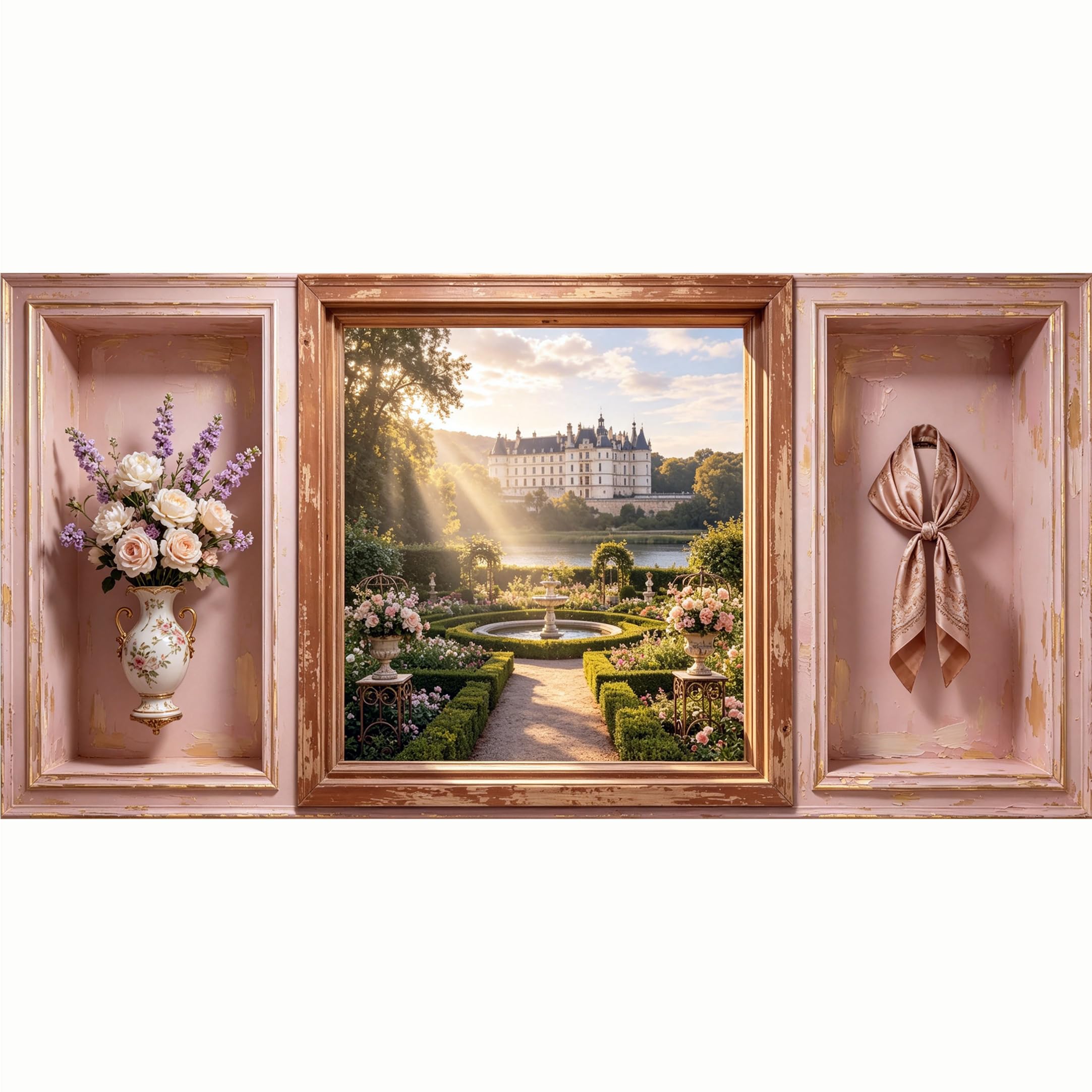 QZLITHOTIC 50x100cm 3D Framed Wall Art， French Chateau Garden Floral Self‑Adhesive Mural， Water‑Activated Peel & Stick Fabric Decor Wall Decal for Bedroom Living Room
