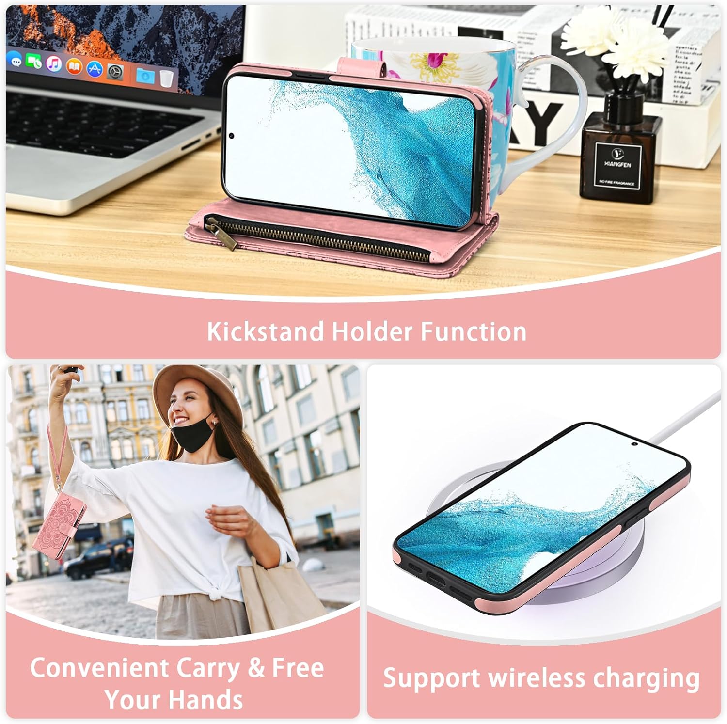 Asuwish Phone Case for Samsung Galaxy S22 5G Zipper Wallet Detachable Cell Cover with Tempered Glass Screen Protector Crossbody Strap Flower Card Holder S 22 22S 4G G5 6.1 inch Women Girls Rose Gold