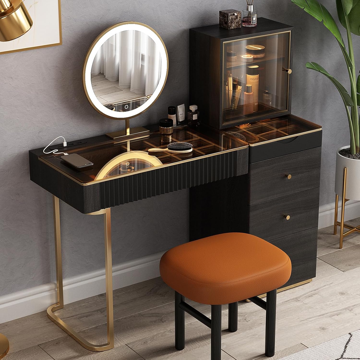 Lartis Premium Makeup Vanity Table, Storage Dressing Table,Vanity Desk,Dresser Set with Solid Wood upholstered Stool, LED Mercury Mirror, Built-in Sensor Light, USB Socket,Easy Assembly (Black Brown)