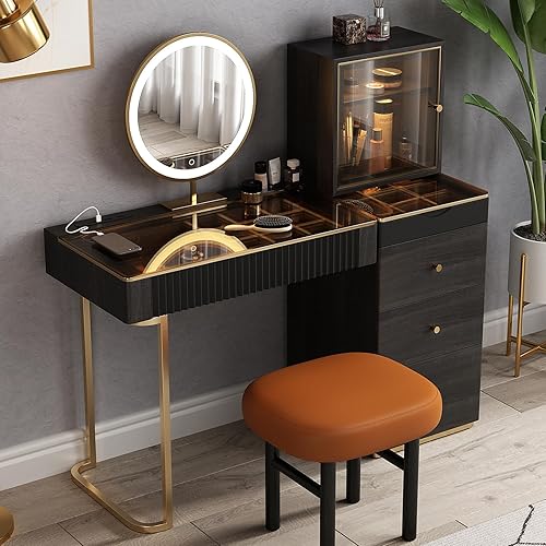 Lartis Mesa de tocador de maquillaje de alta calidad, tocador de almacenamiento, juego de tocador con taburete tapizado de madera maciza, espejo LED