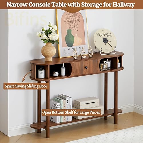 Miniatura 4 de Mesa consola de 47.2 pulgadas con cajones, mesa de entrada estrecha acanalada con puerta corrediza de tambor, mesa larga de madera para sofá detrás