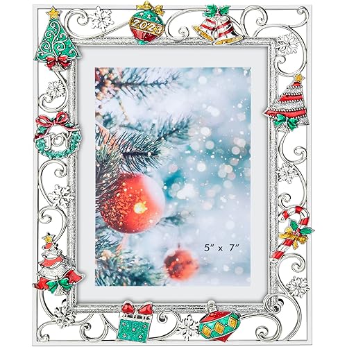 GUOER Photo Frame 5x7 Inch Snowflake Christmas Metal Photo Display Photo Picture Frames with High Definition Glass Front Gift Ideas Tabletop Home Decorative (Christmas Tree 2023)