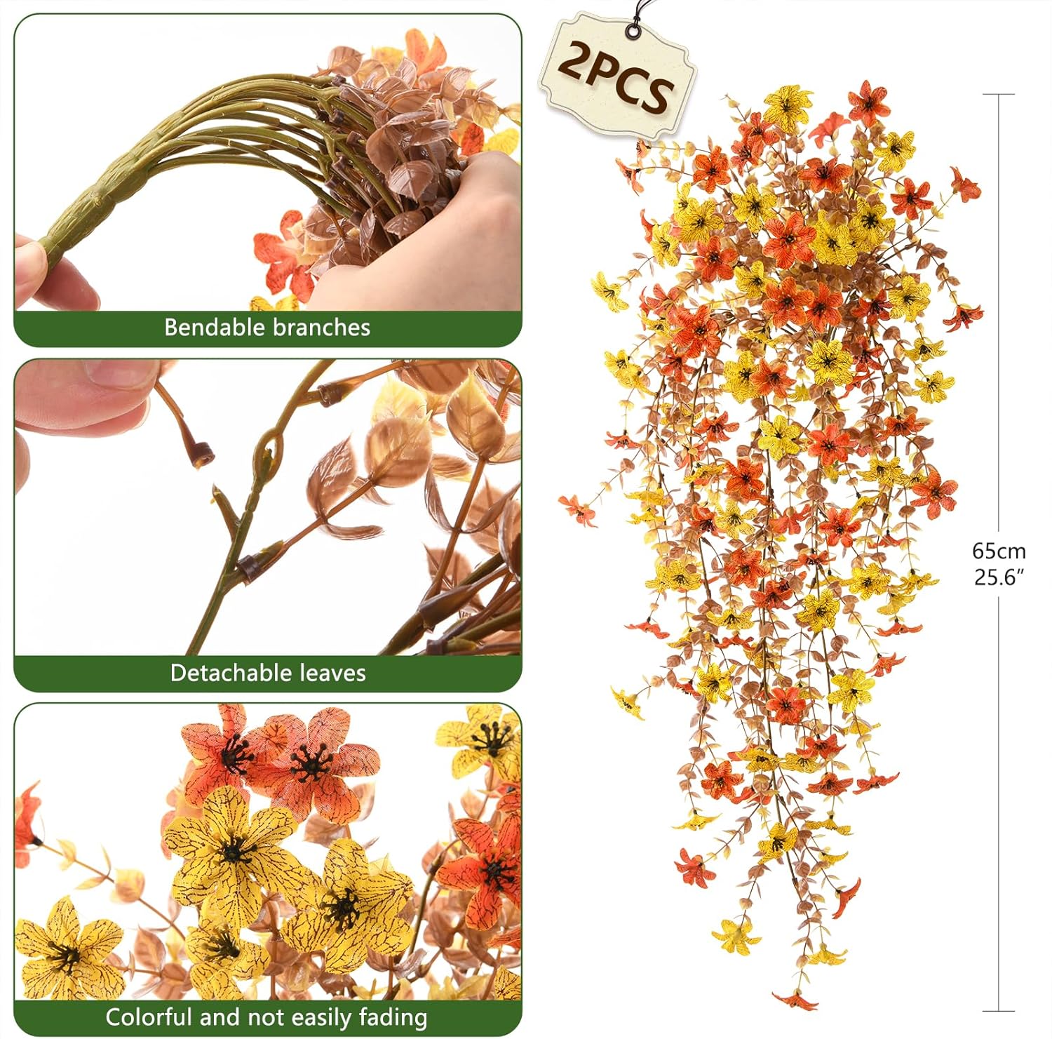 Artificial Fake Hanging Fall Flowers for Outdoor Decoration,2 Pcs Fake Silk Plant Daisy Realistic UV Resistant for Home Indoor Porch Patio Wall Balcony Yard(Orange Yellow) - Image 2