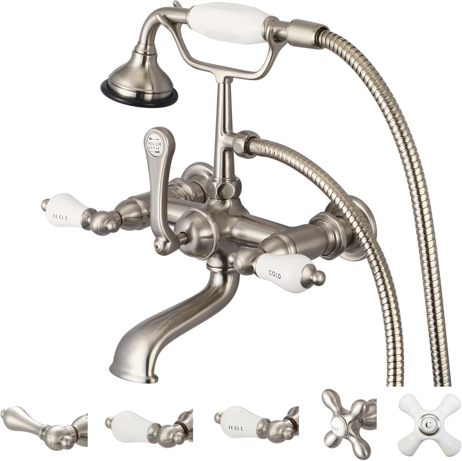 Best Deal Water Creation F6-0010-02-PX Vintage Classic 7-Inch Spread Wall Mount Tub Faucet with Straight Wall Connector and Handheld Shower