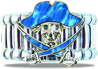 Puzzled Silver & Blue Pirate Skull Adjustable Ring, Heavy-weight Fashionable Sparkling Elegant Jewelry with Genuine New Zealand Paua Shell, Unisex Hand Accessory